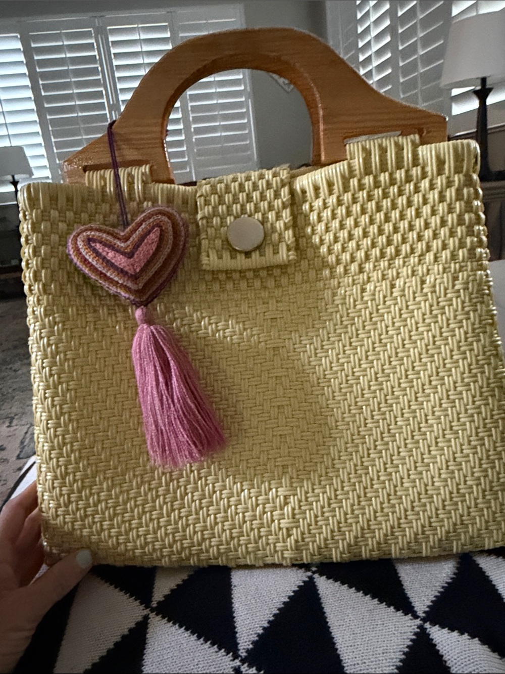 Woven Yellow Tote Bag with Pink Heart Tassel